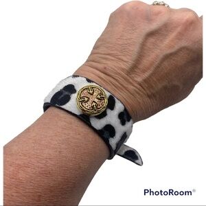 Fun Faux Cow Hide Animal Print Snap Bracelet Two Tone Brass Celtic Cross!